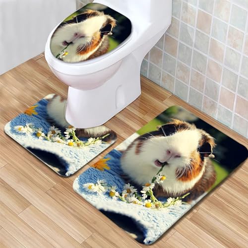 Badematte Tier Meerschweinchen Badezimmerteppich Set 3 Teilig Mikrofaser Badteppiche und WC Vorleger mit Ausschnitt Waschbar rutschfeste Badvorleger Toilette Teppich von Generic