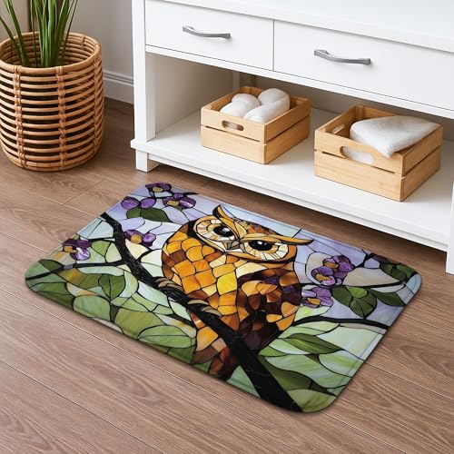 Badematte mit Buntglas-Eule, künstlerisches Herbst-Design, rutschfester Duschvorleger, bunter gemütlicher Memory-Schaum, waschbar, Badezimmer-Akzente, 40,6 x 61 cm von Generic
