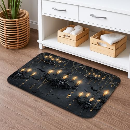 Badematte mit Gothic-Kerzen-Totenkopf-Design, schnell trocknend, dunkler Vintage-Kronleuchter, saugfähig, rutschfest, Badematte, gruseliger Flanell, waschbar, Badteppiche für Halloween, Badezimmer, WC von Generic