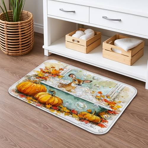 Badematte mit Herbstkürbis-Motiv, fantasievolles Hirsch und Blumenmuster, rutschfester Duschvorleger, gemütlicher saisonaler Memory-Schaum, waschbar, Badteppich für Badezimmer, WC, Toilette, dekorativ von Generic