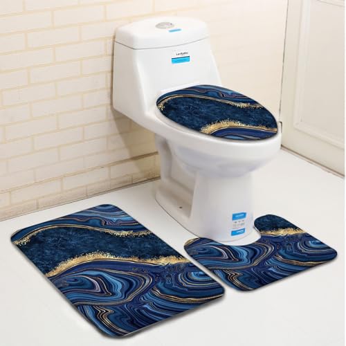 Badematten Set 3 Teilig Abstrakt Marmoriertes Blau Badezimmerteppich Set WC Vorleger Set rutschfeste Badematte Maschinenwaschbar Badteppich Set für Badezimmer Flanell badvorleger von Generic