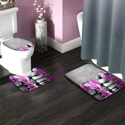 Badematten Set 3 Teilig Lila Orchidee, Grauer Stein Badezimmerteppich Set WC Vorleger Set rutschfeste Badematte Maschinenwaschbar Badteppich Set für Badezimmer Flanell badvorleger von Generic