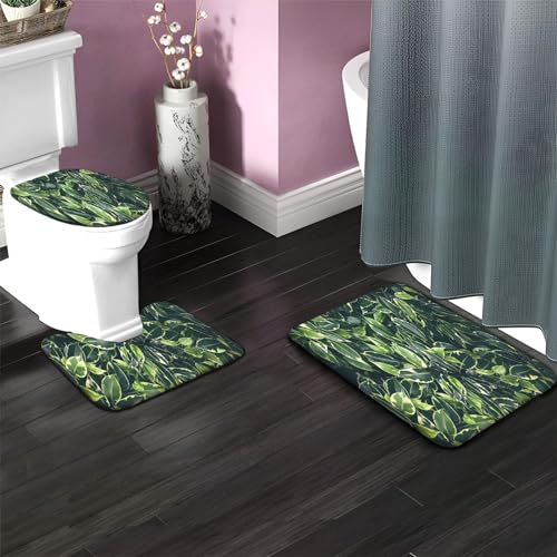 Generic Badematten Set 3 Teilig Tropische PalmenbläTter GrüN Badezimmerteppich Set WC Vorleger Set rutschfeste Badematte Maschinenwaschbar Badteppich Set für Badezimmer Flanell badvorleger von Generic