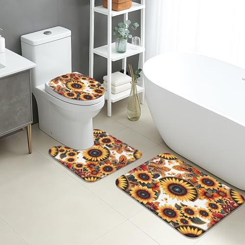 Badematten-Set mit Sonnenblumenmotiv, 3-teilig, Vintage-Blumenmuster, saugfähig, rutschfest, U-förmig, waschbar, Herbst-schnell trocknend, Memory-Schaum, Badezimmerteppich-Set Badematten-Set mit Sonnenblumenmotiv, 3-teilig, Vintage-Blumenmuster, saugfähig, rutschfest, U-förmig, waschbar, Herbst-schnell trocknend, Memory-Schaum, Badezimmerteppich-Set von Generic