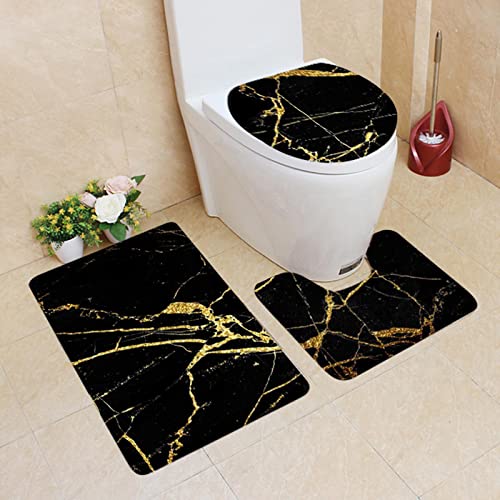 Badematten & Badteppiche Set 3 Teilig Schwarz Gold Mikrofaser Flauschige Marmor Muster Badezimmerteppich WC Vorleger mit Ausschnitt Waschbar rutschfeste Badvorleger Toilette Teppich (Schwarz, 3pc) von generic