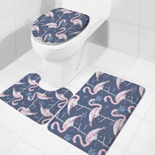 Badezimmer Badematte 3 Teilig Set Flamingoss Weichen Mikrofasern Tier Saugfähige Teppich,U-förmigen Contour Matte und WC Vorleger Badematte von Generic