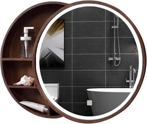 Badezimmer Runder Wandspiegel Aus Massivholz Mit Led-lichtleiste Wandmontierter Aufbewahrungsschrank, Brown, 60cm(24inches) von Generic