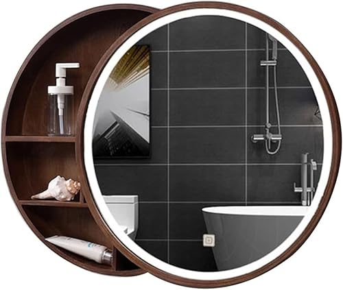 Badezimmer Runder Wandspiegel Aus Massivholz Mit Led-lichtleiste Wandmontierter Aufbewahrungsschrank, Brown, 70cm(27.6inches) von Generic