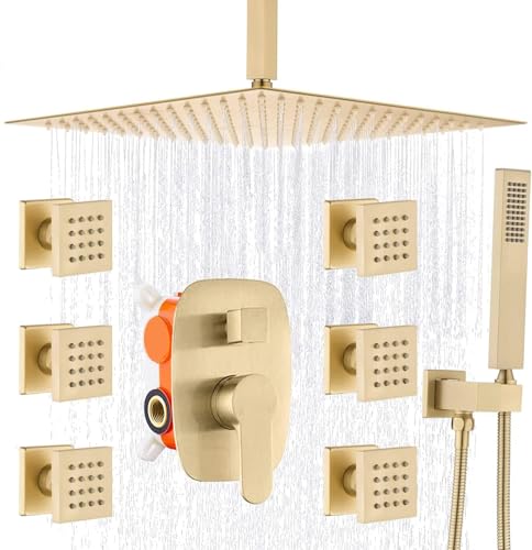 Badezimmer Schwarzes 12-Zoll-Decken-regenduschsystem Mit 6-teiligem Körpersprühstrahl-mischer-Set, Brushed Gold, Ceiling Mount Badezimmer Schwarzes 12-Zoll-Decken-regenduschsystem Mit 6-teiligem Körpersprühstrahl-mischer-Set, Brushed Gold, Ceiling Mount von Generic