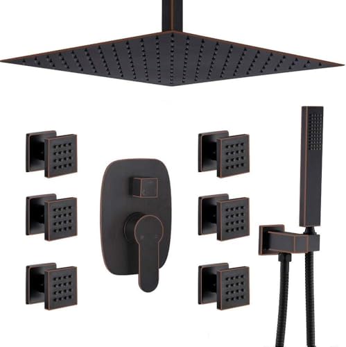 Badezimmer Schwarzes 12-Zoll-Decken-regenduschsystem Mit 6-teiligem Körpersprühstrahl-mischer-Set, Oil Rubbed Bronze, Wall Mount von Generic