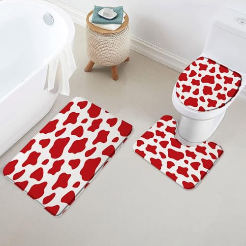 Badezimmer Set Vorleger 3 Teilig,Rot Weiß Kuh Druck Vieh Moderne Cartoon Nette Spot Einfache Waschbar U Förmige Matte Weiche WC Vorleger für Dekoration WC Badezimmer von Generic