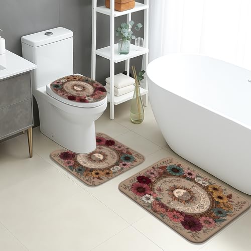 Badezimmer Teppich Set 3 Teilig,Böhmische Vintage Blumen Mond Sonne Waschbar U-Form Badteppich Saugfähige WC Vorleger für WC Boden Dusche von Generic