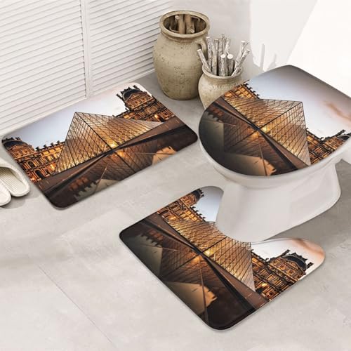 Badezimmer Teppich Set 3 Teilig,Louvre-Museum in Paris Saugfähige Contour Badteppich Weiche WC Vorleger für Dekoration Dusche Badezimmer von Generic