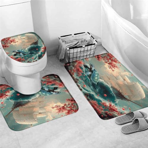 Badezimmer Teppich Set 3 Teilig,Meeresschildkröte Kirsche Segelboot Ocean Küste Meer Welle Asiatisch Weiche U-Form Badteppich Waschbar WC Matte für Badezimmer Dusche Dekoration Badezimmer Teppich Set 3 Teilig,Meeresschildkröte Kirsche Segelboot Ocean Küste Meer Welle Asiatisch Weiche U-Form Badteppich Waschbar WC Matte für Badezimmer Dusche Dekoration von Generic