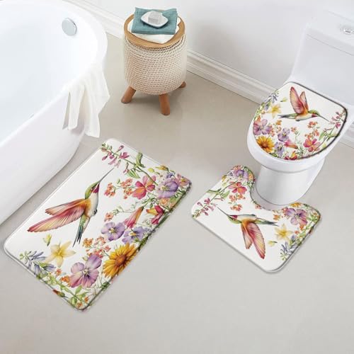 Badezimmer Teppich Set 3 Teilig,Rustikaler Vogel Kolibri Bauernhaus Blume Frühling Garten Saugfähige U-Form Badteppich rutschfest WC Vorleger für WC Badezimmer Dusche Badezimmer Teppich Set 3 Teilig,Rustikaler Vogel Kolibri Bauernhaus Blume Frühling Garten Saugfähige U-Form Badteppich rutschfest WC Vorleger für WC Badezimmer Dusche von Generic
