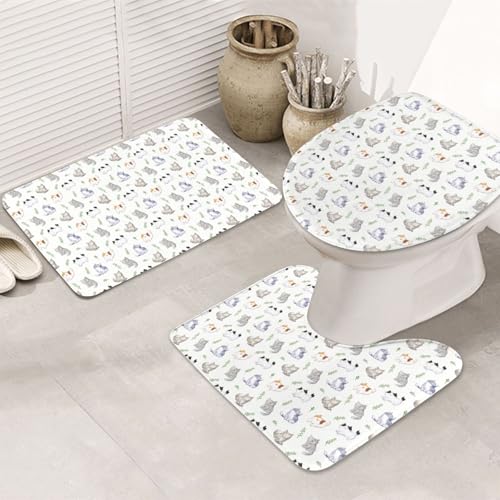 Badezimmer Teppich Set 3 Teilig Aquarell Katze und Blätter U-förmiger Kontur WC Vorleger Waschbar,rutschfest für Badezimmer WC Badezimmer Teppich Set 3 Teilig Aquarell Katze und Blätter U-förmiger Kontur WC Vorleger Waschbar,rutschfest für Badezimmer WC von Generic