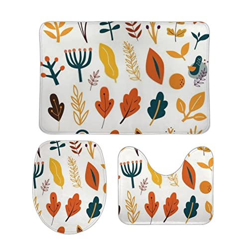 Badezimmer Teppich Set 3 Teilig Autumnlaub Laub Zweige Flauschig U Förmige Matte rutschfest WC Vorleger für Dekoration Badezimmer von Generic
