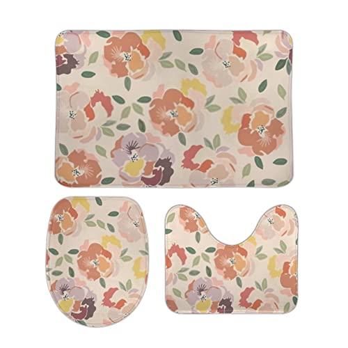 Badezimmer Teppich Set 3 Teilig Blumenmuster im Aquarellstil Orange rutschfest Contour Badteppich Saugfähige WC Vorleger für Boden Dusche Badezimmer Teppich Set 3 Teilig Blumenmuster im Aquarellstil Orange rutschfest Contour Badteppich Saugfähige WC Vorleger für Boden Dusche von Generic