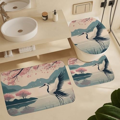 Badezimmer Teppich Set 3 Teilig Kirschbaumvogel U-Form Toilettenmatte WC Vorleger Weiche,Waschbar für WC Dekoration Badezimmer Teppich Set 3 Teilig Kirschbaumvogel U-Form Toilettenmatte WC Vorleger Weiche,Waschbar für WC Dekoration von Generic