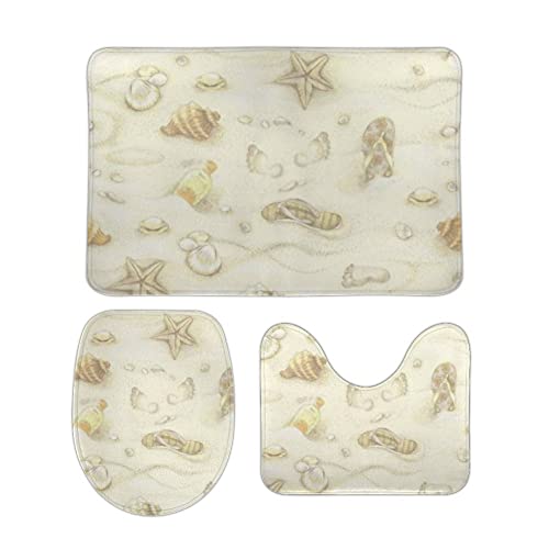 Badezimmer Teppich Set 3 Teilig Sommerstrand Buntes handgezeichnetes Muster Saugfähige U-Form Badteppich Weiche WC Matte für Dekoration Boden von Generic