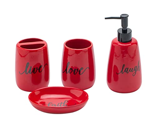 Badezimmer-Zubehör-Set, Keramik, 4-teilig, Zahnbürstenhalter, Seifenspender, Seifenschale, Wäschetrockner, Becher für Badezimmer-Dekoration und Geschenk (Marineblau) (rot) von Generic