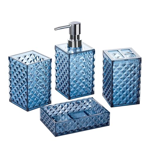 Badezimmer-Zubehör-Set – 4-teiliges quadratisches Kunststoff-Argyle-Muster Badezimmer-Set mit Seifenspender, Zahnbürstenhalter, Becher und Seifenschale (blau) von Generic
