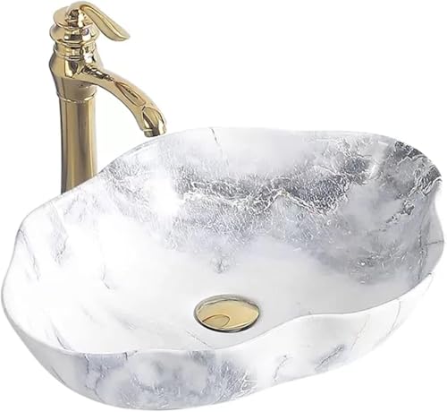 Badezimmergefäß Keramik Badezimmer Gefäß Waschbecken Schüssel Marmor Textur Oval Kunst über Der Theke Waschtisch Waschbecken Mit Goldenem Wasserhahn Und Abfluss Waschtisch was, C, One Size von Generic