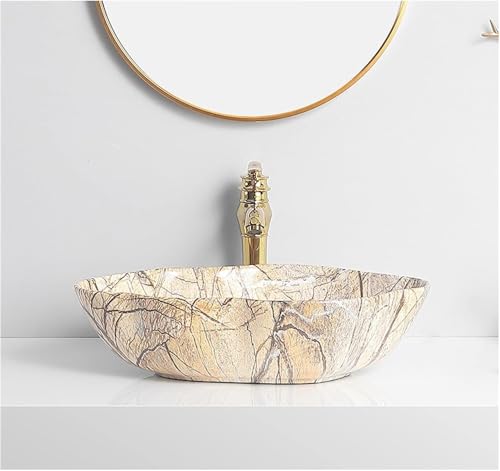 Badezimmergefäß Keramik Badezimmer Gefäß Waschbecken Schüssel Marmor Textur Oval Kunst über Der Theke Waschtisch Waschbecken Mit Goldenem Wasserhahn Und Abfluss Waschtisch was, E, One Size Badezimmergefäß Keramik Badezimmer Gefäß Waschbecken Schüssel Marmor Textur Oval Kunst über Der Theke Waschtisch Waschbecken Mit Goldenem Wasserhahn Und Abfluss Waschtisch was, E, One Size von Generic