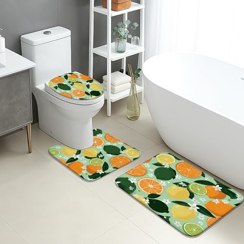 Badezimmermatten-Set, 3-teilig, Vintage-Sommerfrüchte, rutschfest, U-förmig, waschbar, erfrischend, Blumenmuster, schnell trocknend, Memory-Schaum, Badezimmerteppich-Set Badezimmermatten-Set, 3-teilig, Vintage-Sommerfrüchte, rutschfest, U-förmig, waschbar, erfrischend, Blumenmuster, schnell trocknend, Memory-Schaum, Badezimmerteppich-Set von Generic