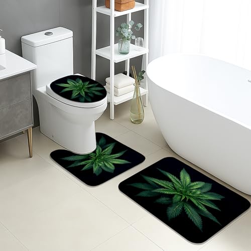 Badezimmermatten-Set, Blattgrün, tropisches Cannabis-inspiriert, rutschfest, U-förmig, waschbar, Sommer, schnell trocknend, Memory-Schaum, Badezimmerteppich-Set, 3-teilig Badezimmermatten-Set, Blattgrün, tropisches Cannabis-inspiriert, rutschfest, U-förmig, waschbar, Sommer, schnell trocknend, Memory-Schaum, Badezimmerteppich-Set, 3-teilig von Generic