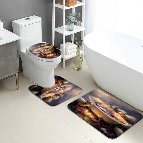 Badezimmermatten-Set mit Blumenmuster, 3-teilig, bunte Gartenblumen, saugfähig, rutschfest, U-förmig, waschbar, Frühlingsdekoration, schnell trocknend, Flanell-Badezimmerteppich-Set von Generic