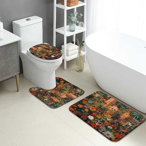Badezimmermatten-Set mit Blumenmuster, 3-teilig, bunte Gartenpflanzen, saugfähig, rutschfest, U-förmig, waschbar, schnell trocknend, Flanell-Badezimmerteppich-Set von Generic