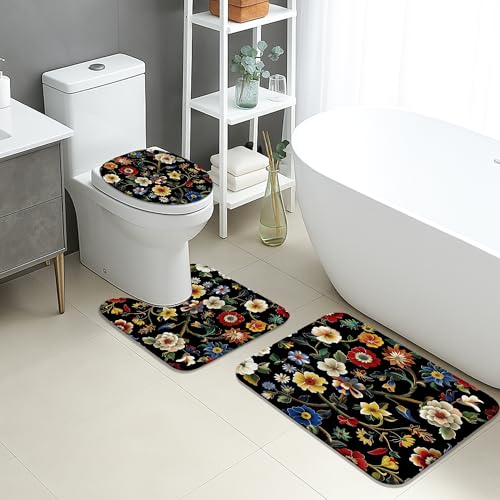 Badezimmermatten-Set mit Blumenmuster, 3-teilig, buntes Blumenmuster, saugfähig, rutschfest, U-förmig, waschbar, Vintage-Stil, botanisch, schnell trocknend, Memory-Schaum, Badezimmerteppich-Set von Generic