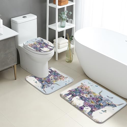 Badezimmermatten-Set mit Blumenmuster, buntes Kuh-Design, saugfähig, rutschfest, U-förmig, waschbar, Frühlings-inspiriert, schnell trocknend, Memory-Schaum, Badezimmerteppich-Set von Generic