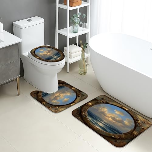 Badezimmermatten-Set mit Meerblick, 3-teilig, nautische Meereslandschaft, saugfähig, rutschfest, WC-Vorleger, U-förmig, waschbar, Sommer, Strand, schnell trocknend, Memory-Schaum Badezimmermatten-Set mit Meerblick, 3-teilig, nautische Meereslandschaft, saugfähig, rutschfest, WC-Vorleger, U-förmig, waschbar, Sommer, Strand, schnell trocknend, Memory-Schaum von Generic