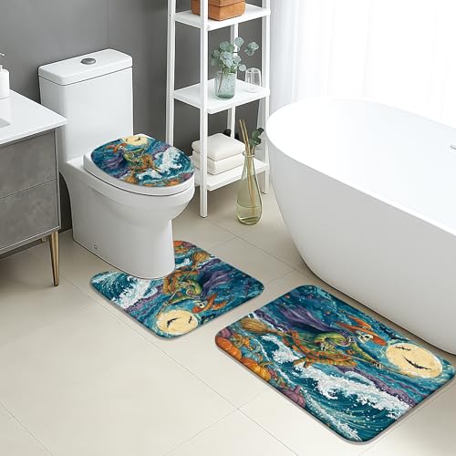 Badezimmermatten-Set mit Ozean-Motiv, bunt, Meeresschildkröte, saugfähig, rutschfest, U-förmig, waschbar, schnell trocknend, Flanell-Badezimmerteppich-Set von Generic