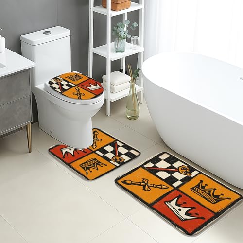 Badezimmermatten-Set mit Schachmotiven, 3-teilig, Retro-Kunstwerk, Schachbrett, rutschfest, U-förmig, waschbar, Vintage-Spiel, schnell trocknend, Memory-Schaum, Badezimmerteppich-Set von Generic