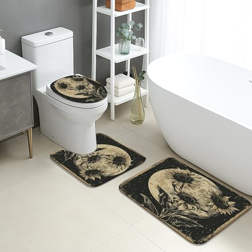 Badezimmermatten-Set mit Sonnenblumenmotiv, 3-teilig, rustikal, schwarz und gold, saugfähig, rutschfest, U-förmig, waschbar, Herbstblumen, schnell trocknend, Memory-Schaum, Badezimmerteppich-Set Badezimmermatten-Set mit Sonnenblumenmotiv, 3-teilig, rustikal, schwarz und gold, saugfähig, rutschfest, U-förmig, waschbar, Herbstblumen, schnell trocknend, Memory-Schaum, Badezimmerteppich-Set von Generic