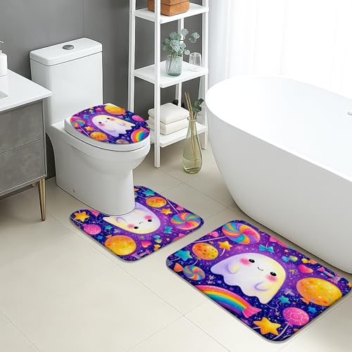 Badezimmermatten-Set mit niedlichem Geistermotiv, buntes Weltraum-Thema, saugfähig, rutschfest, U-förmig, waschbar, lustig, fantasievoll, schnell trocknend, Memory-Schaum, Badezimmerteppich-Set von Generic