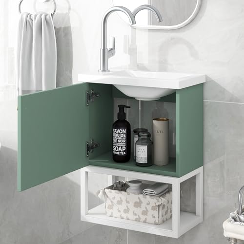 Badezimmerschrank mit 40 cm Waschbeckenunterschrank, im trendigen und schlichten Stil, hängender Waschbeckenunterschrank, kleine Gästebad-Möbel (grün) von Generic
