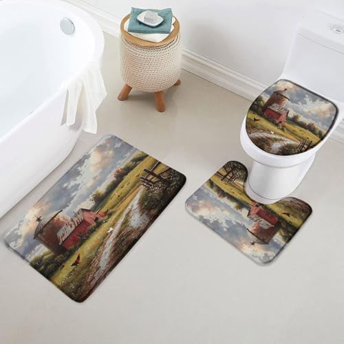 Badezimmerteppich 3 Teiliges,Land Bauernhaus rustikale rote Scheune Hahn Feld Natur Flauschig Contour Badteppich Saugfähige Toilettensitzbezug für WC Badezimmer Dekoration von Generic