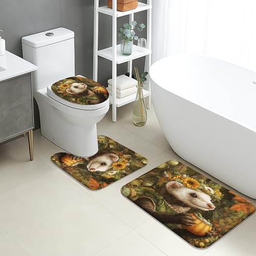 Badezimmerteppich Set 3 Teilig,Herbstliche Bezaubernde Tierblumen Weiche Contour Badteppich Waschbar WC Matte für Dusche Dekoration WC von Generic