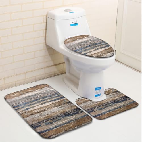 Badezimmerteppich Set 3 Teilig Abstrakte Geometrische Streifen Braun Badematten Set Mikrofaser Badteppiche und WC Vorleger mit Ausschnitt Waschbar rutschfeste Badvorleger Toilette Teppich von Generic