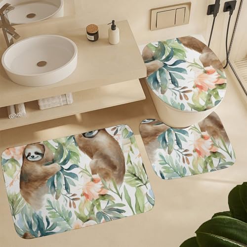 Badezimmerteppich Set 3 Teilig Aquarell Faultier U-Form Toilettenmatte WC Matte Waschbar,Saugfähige für Badezimmer Dekoration von Generic