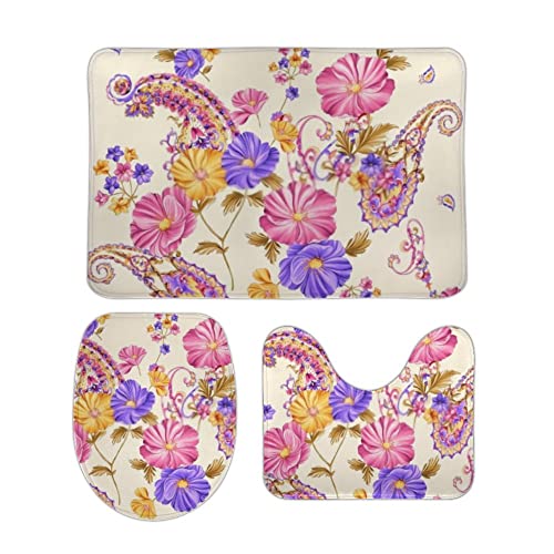 Badezimmerteppich Set 3 Teilig Blumenmuster Pai-Sley-Muster Weiche U-Form Toilettenmatte Saugfähige WC Vorleger für Boden Dusche von Generic