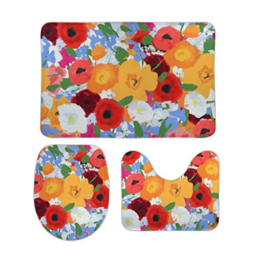 Badezimmerteppich Set 3 Teilig Bunte Blumen malen Weiche U-förmiger Teppich Waschbar WC Vorleger für Dekoration Boden Badezimmerteppich Set 3 Teilig Bunte Blumen malen Weiche U-förmiger Teppich Waschbar WC Vorleger für Dekoration Boden von Generic
