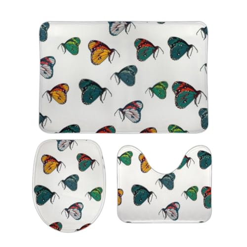 Badezimmerteppich Set 3 Teilig Bunte Schmetterlinge Weiche U-Form Toilettenmatte Waschbar WC Vorleger für Dusche Dekoration von Generic