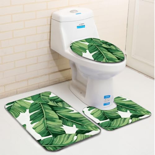 Badezimmerteppich Set 3 Teilig Einfache GrüNe BläTter Badematten Set Mikrofaser Badteppiche und WC Vorleger mit Ausschnitt Waschbar rutschfeste Badvorleger Toilette Teppich von Generic