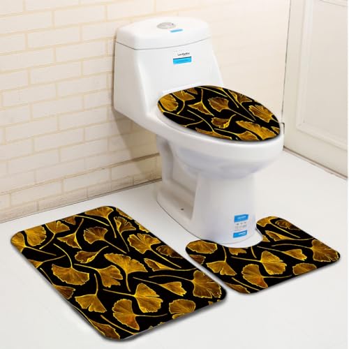 Badezimmerteppich Set 3 Teilig Goldenes Ahornblatt Und Schwarz Badematten Set Mikrofaser Badteppiche und WC Vorleger mit Ausschnitt Waschbar rutschfeste Badvorleger Toilette Teppich Badezimmerteppich Set 3 Teilig Goldenes Ahornblatt Und Schwarz Badematten Set Mikrofaser Badteppiche und WC Vorleger mit Ausschnitt Waschbar rutschfeste Badvorleger Toilette Teppich von Generic