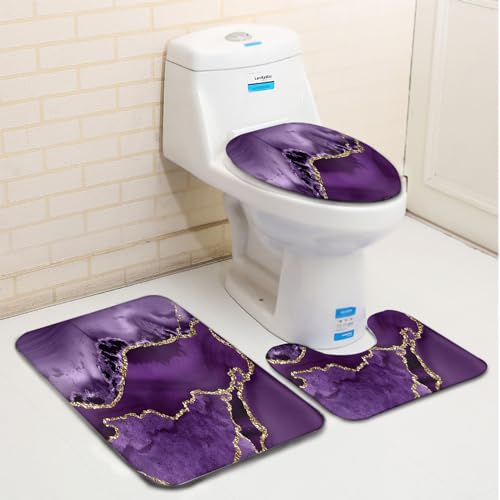 Badezimmerteppich Set 3 Teilig Lila-Goldener Marmor Badematte rutschfest Bad Teppiche Set U-förmiger Teppiche und WC-Deckelbezug für Dusche und Toilette Badezimmerteppich Set 3 Teilig Lila-Goldener Marmor Badematte rutschfest Bad Teppiche Set U-förmiger Teppiche und WC-Deckelbezug für Dusche und Toilette von Generic